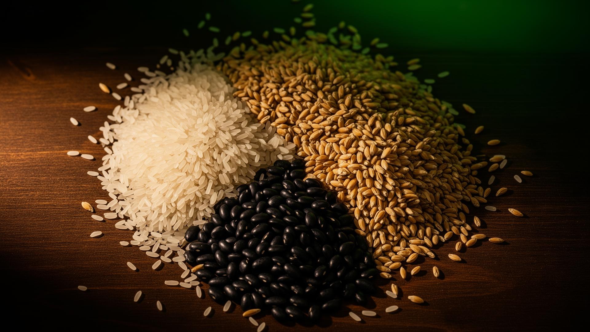Grãos de arroz, feijão e trigo sobre madeira